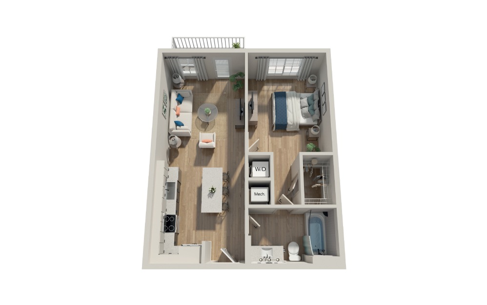 A1 - 1 bedroom floorplan layout with 1 bath and 715 square feet.