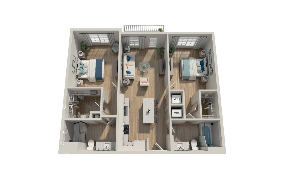 B1 - 2 bedroom floorplan layout with 2 baths and 1100 square feet.