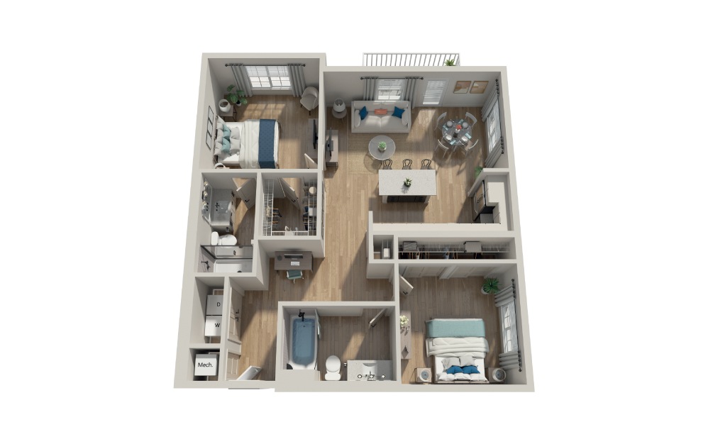 B2 - 2 bedroom floorplan layout with 2 baths and 1129 square feet.