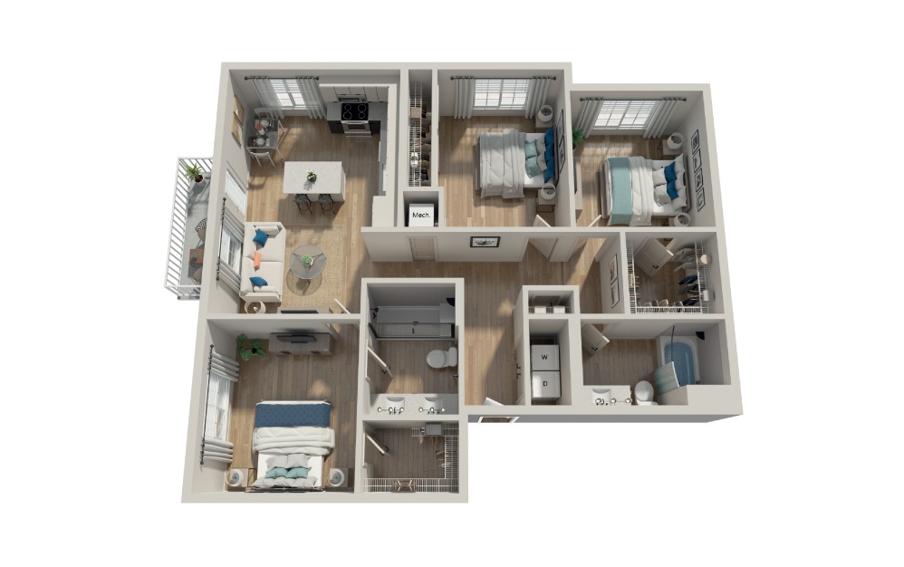 C1 - 3 bedroom floorplan layout with 2 baths and 1258 square feet.