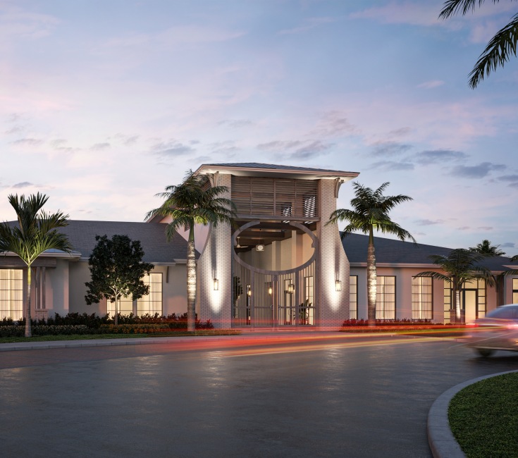 clubhouse entrance evening sunset palm trees grand entry driveway car