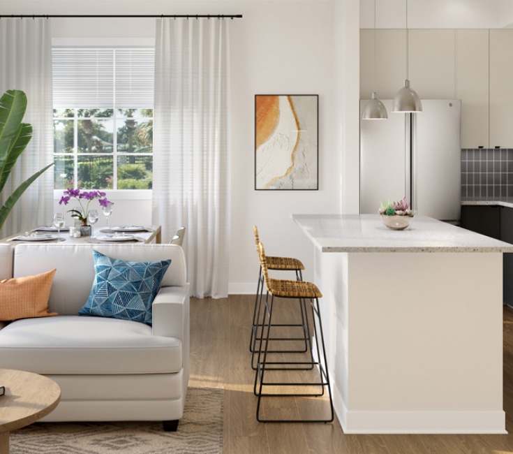 kitchen with ample counter-space, modern appliances and bright lighting